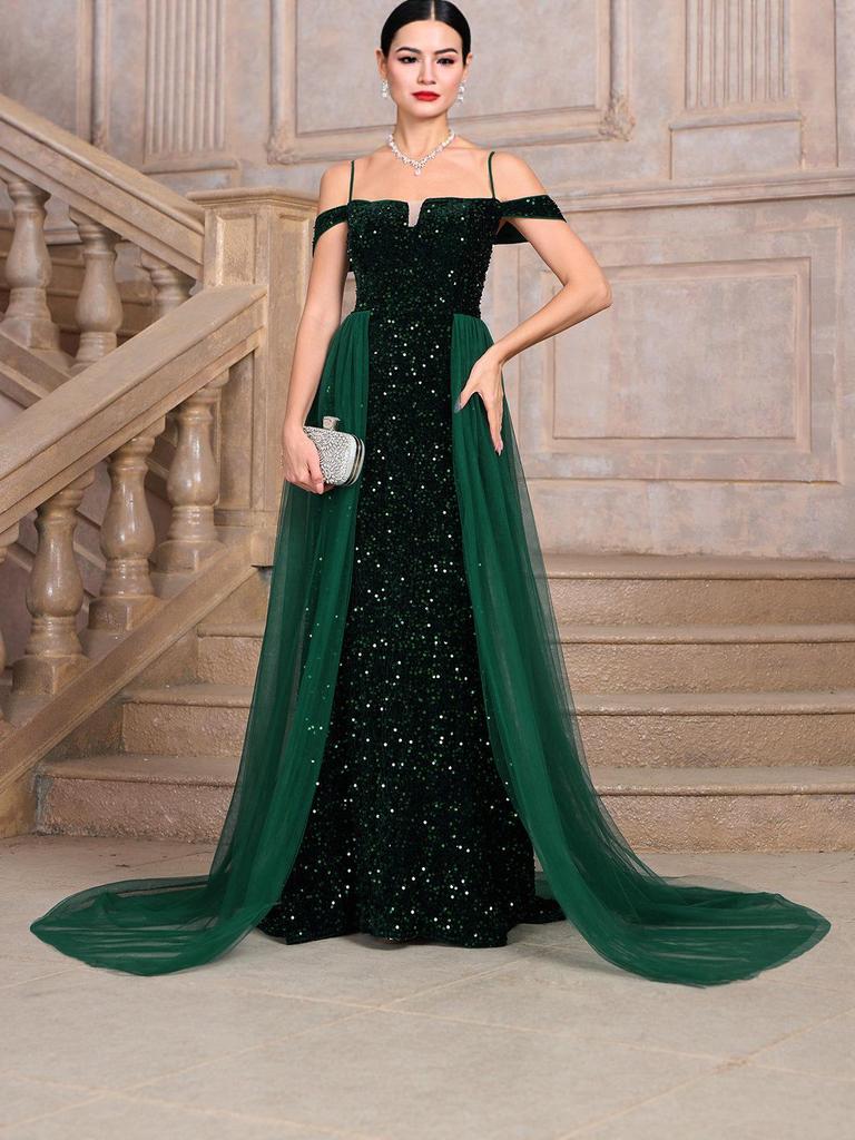 Elegantes Damen Pailletten Abendkleid mit langer Schleppe für Hochzeitsfeier & Abschlussball
