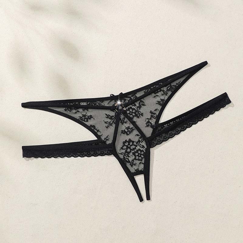 2026 LY New Wholesale Black Polyamide Floral Low-waisted Hollow Bow Open Crotch Plus Size1XL-4XL Women's Lace Panty G-string