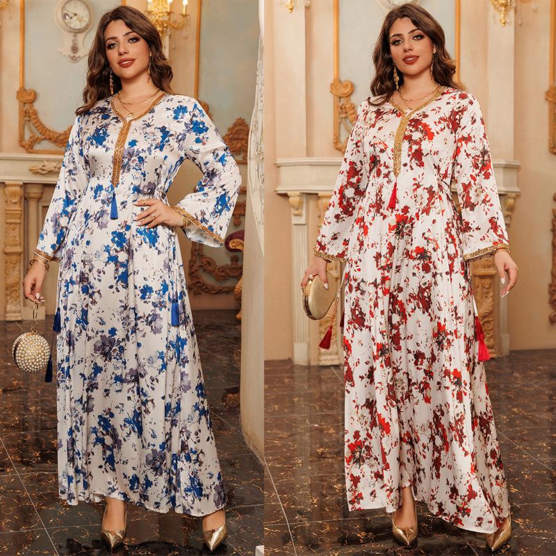 2024 Autumn/Winter Middle East-Style Elegant Print Long Robe for Home Wear
