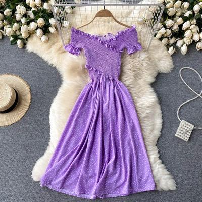RUGOD Vintage Boho Polka Dot Print Off Shoulder Sexy Summer Long Dress Party Elastic Cross Criss Women Beach Holiday Tunic Dress