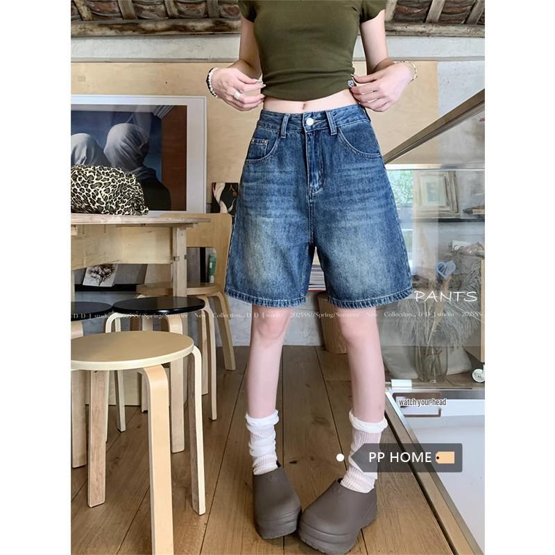 2025 Summer Women's Retro Blue High Waist Straight Leg Jeans - Versatile Petite Five-Point Shorts