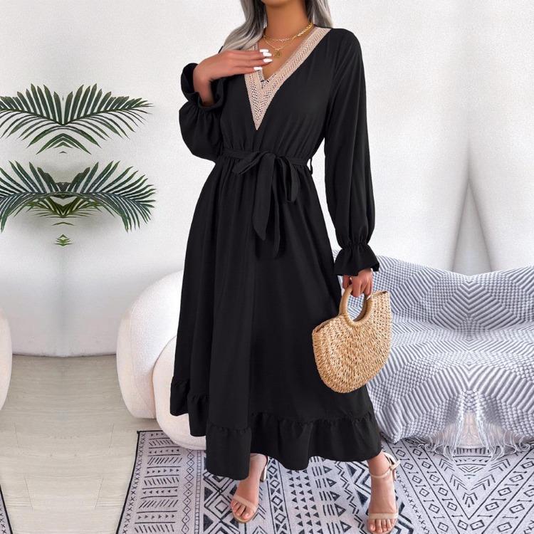 Dresses Solid Color Summer Women A Line V Neck High Waist Ruffle Edge Lace Up Spring