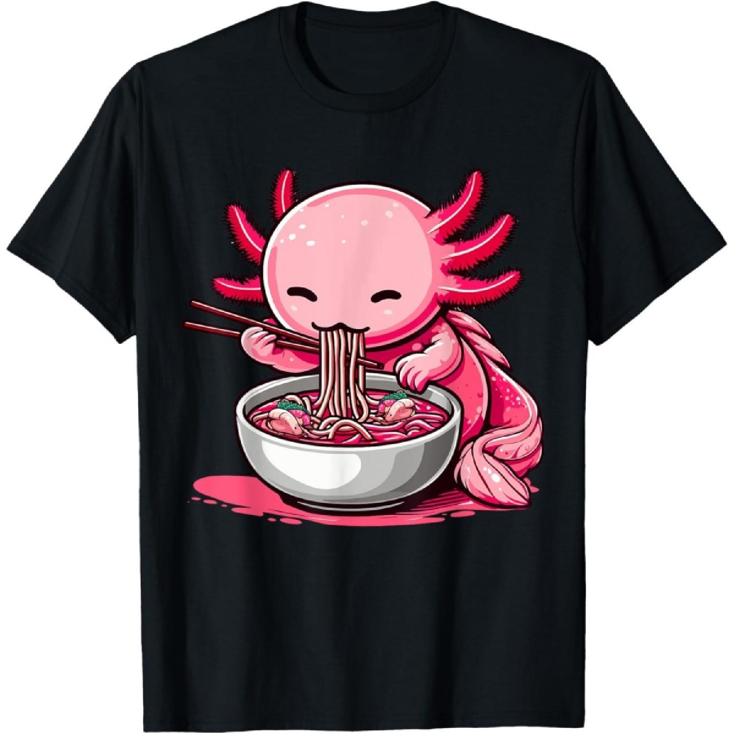 Funny Axolotl Noodle Gifts Anime Kawaii Axolotl Eating Ramen Noodles Unisex Kids Teen Adult T-Shirt Black Small S