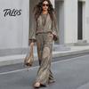 Birnenform Schmeichelhaftes Outfit Boho-Print 2-teilige Sets für Damen, Lässiges Langarm-Oberteil Damen Weitbeinige Hosen Passende Sets, Sommer Locker Reisen