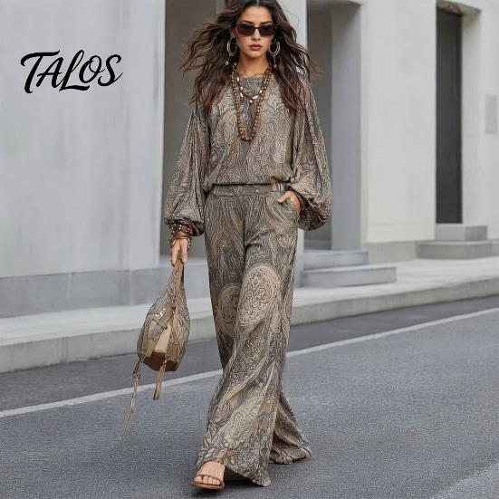 Birnenform Schmeichelhaftes Outfit Boho-Print 2-teilige Sets für Damen, Lässiges Langarm-Oberteil Damen Weitbeinige Hosen Passende Sets, Sommer Locker Reisen