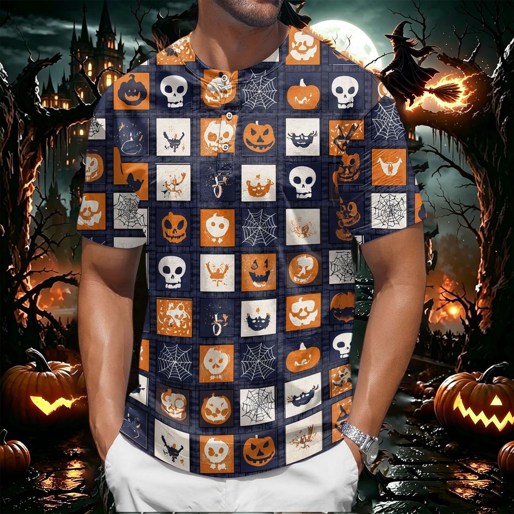 Men's Halloween Print Short Sleeve Henley Shirt Casual Button Up Top with Pumpkin Pattern Lightweight Breathable Fabric for Everyday Wear