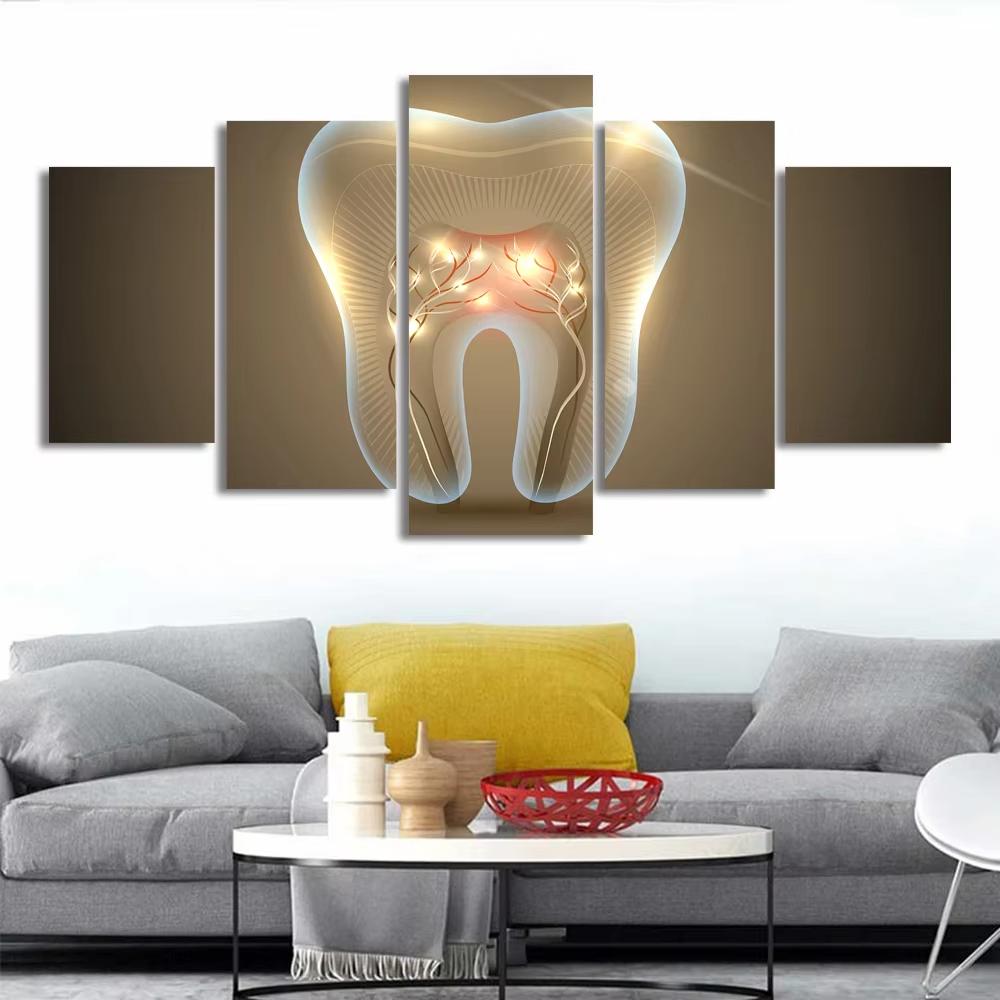 Pittura su Tela Geometrica a 5 Pannelli per Radiografie Dentali, Arte da Parete, Poster e Stampe di Denti Splendenti per Arredamento Pareti di Odontoiatria Senza Cornice