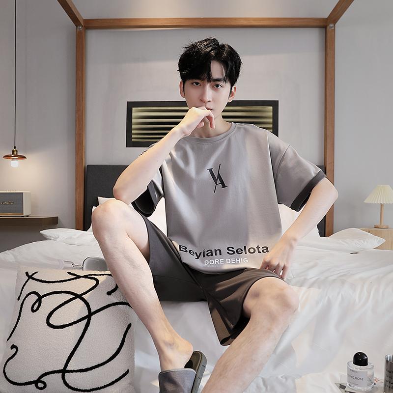Men's Pajamas Set Letter Print Short-Sleeve Tops and Shorts Sleepwear Loungewear Students Two-Piece Youth Boy Nightwear Y2k Homewear Male