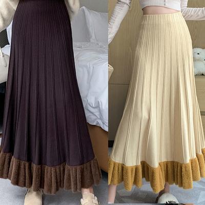Loose Knitted Half Length Skirt Women Autumn Winter New Sweet Style A-line Elastic Waist Pleated Skirt Slim Woolen Skirt Pink Black