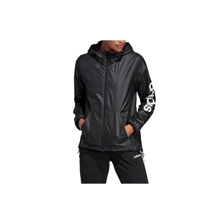 adidas Women s Black E LIN WINDBR Letter Logo Printing Hooded Windbreaker Jacket DP2408 XS