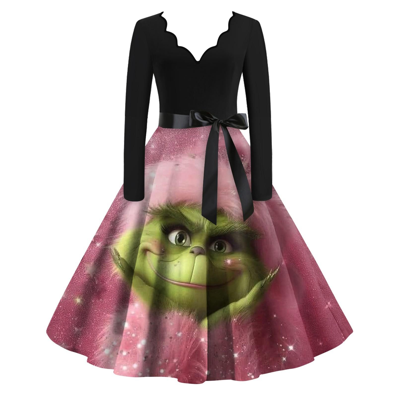 

Женское облегающее платье свободного кроя с рождественским принтом, контрастной строчкой, V-образным вырезом и длинными рукавами S розовый