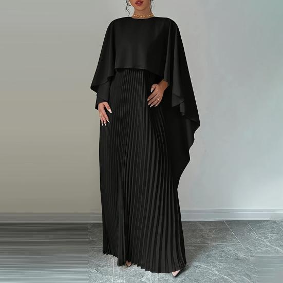 Women's Pleated Flowy Maxi Dress Split Cape Sleeve Formal Wedding Guest Dress Cocktail Evening Party Long Dress