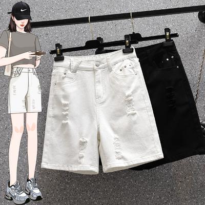 Damenhosen Sommer Große Größen Elastisch Loch Denimshorts Hohe Taille Dünn Locker Weites Bein Fünf-Minuten-Hose