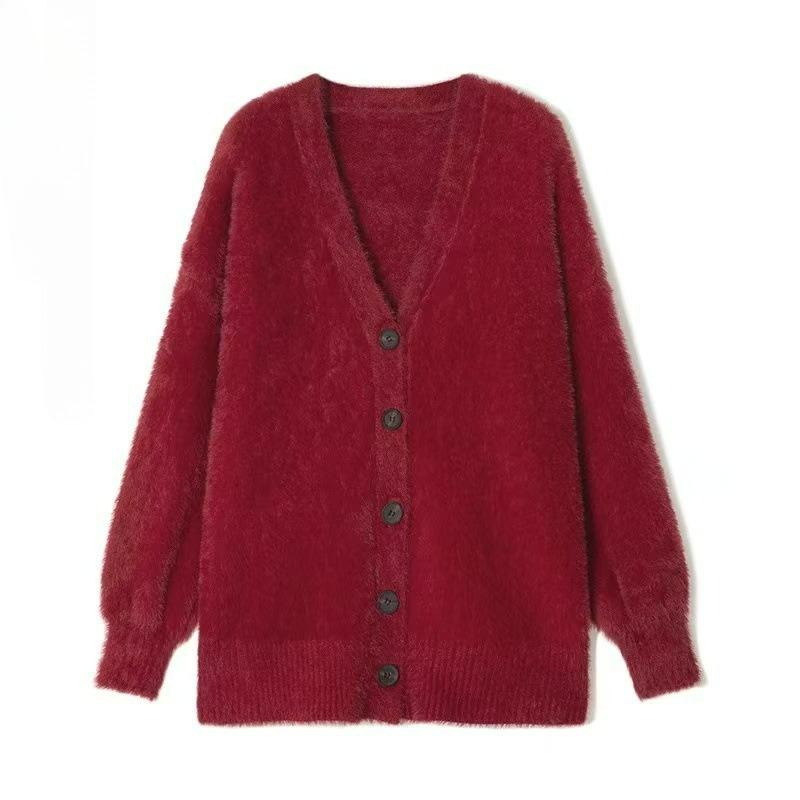 Dámský pletený kardigan z norkového fleecu, podzimní a zimní, silný, volný svetr s lucernovými rukávy