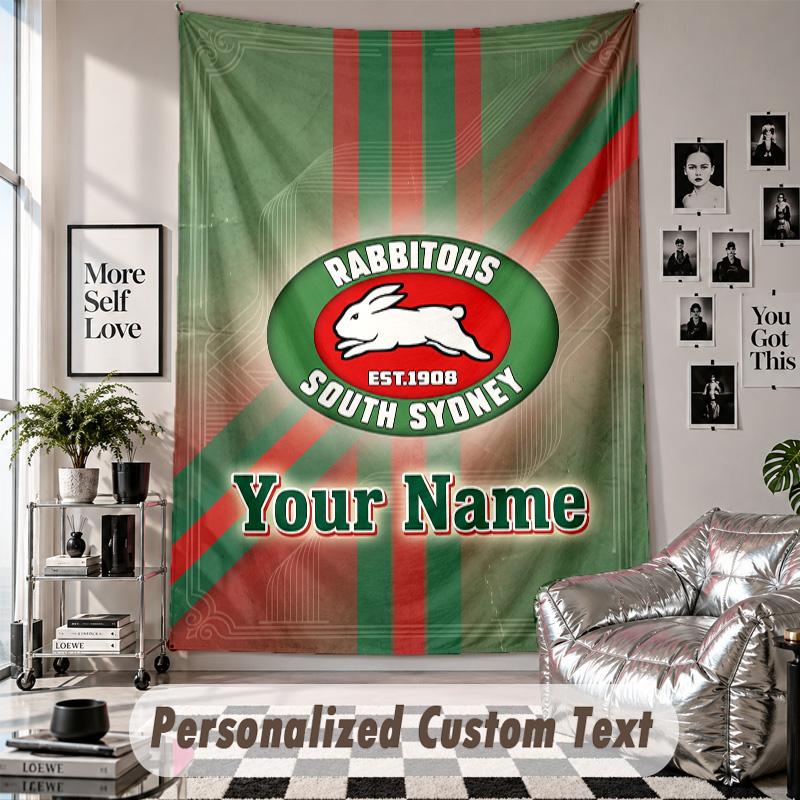 Wall Hanging Tapestry With Custom Name & Text, South Sydney Rabbitohs Decorative Tapestry For Bedroom