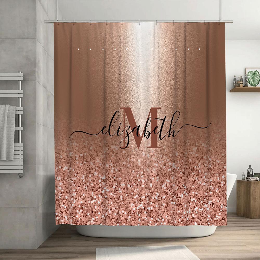 Champagne Rose Gold Glitter Monogram Shower Curtain For Bathroom Decor Customizable Size Available