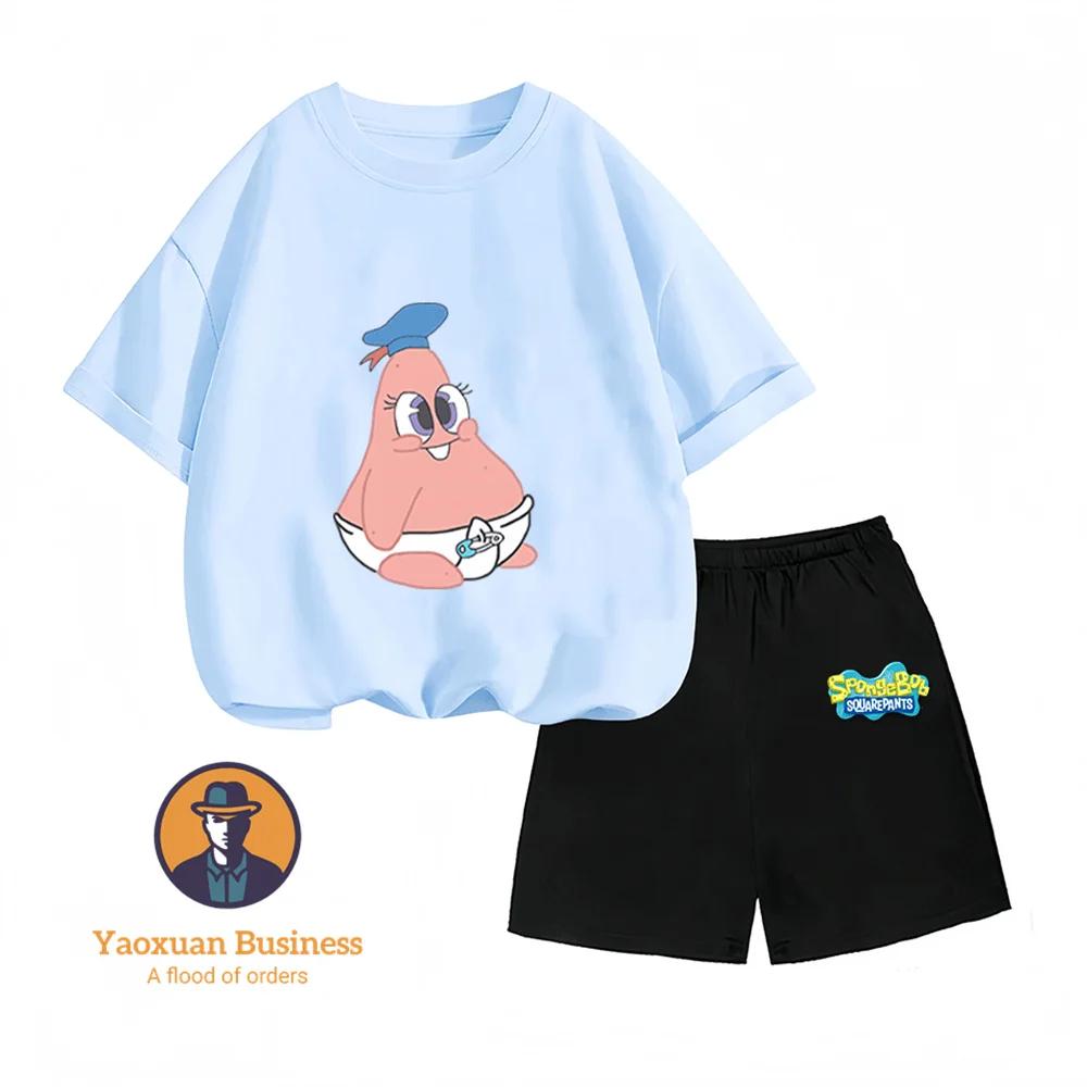 Hot Sale Summer Kidswear Pure Cotton SpongeBob SquarePants Anime Printed Round Neck Casual Two Piece Set
