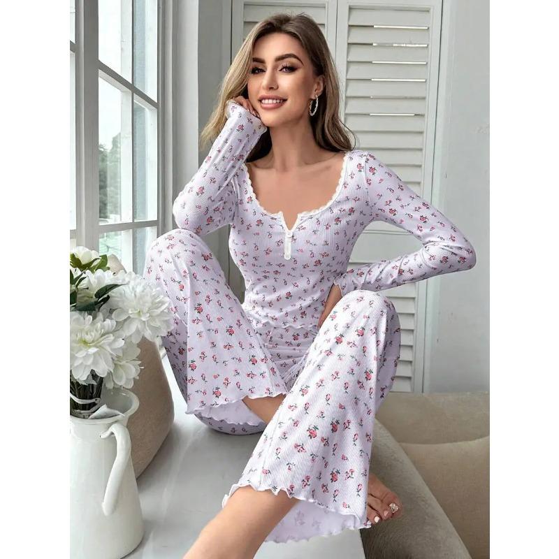 

Женский пижамный комплект с кружевной отделкой на пуговицах, облегающие брюки с длинным рукавом, цветочный принт, сексуальная домашняя одежда, пижама, пижама S