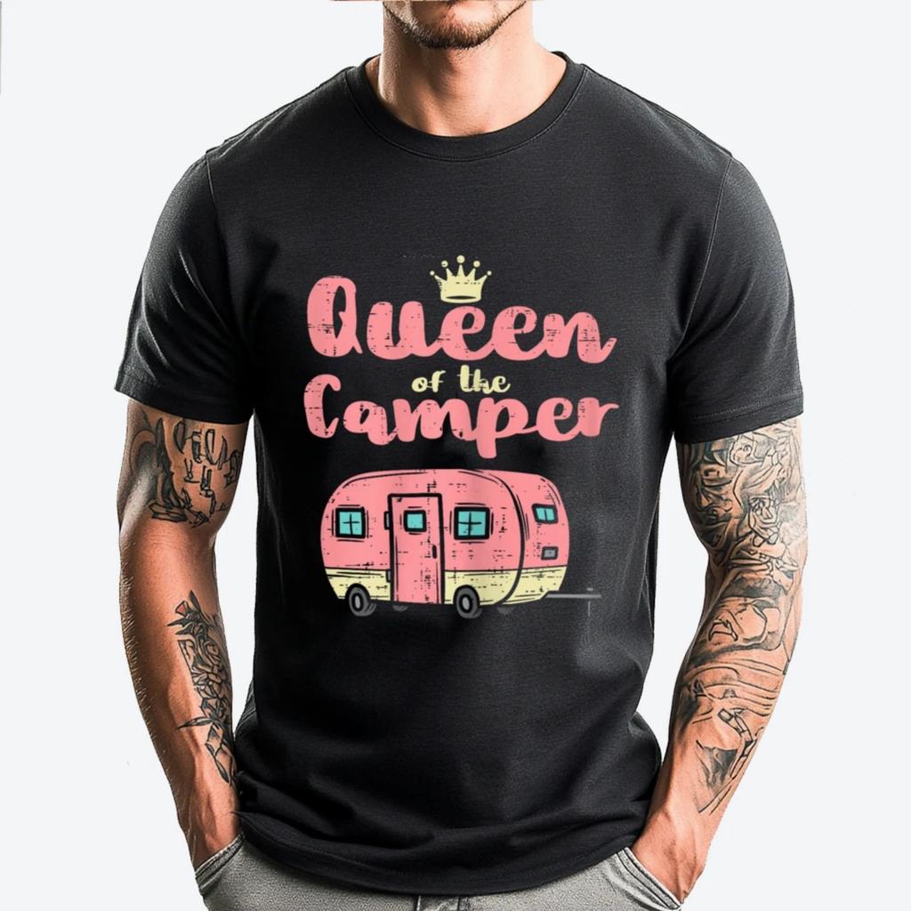 Queen Of The Camper Cute Camping Van Camp Trailer Rv Women Streetwear High Quality Men's T-Shirt Casual
