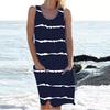 Women's Sleeveless Tank Dress Summer Casual Round Neck Tunic Dress with Pocket Baggy Stripe Beach Sundress Swimsuit Bikini Cover-Up
