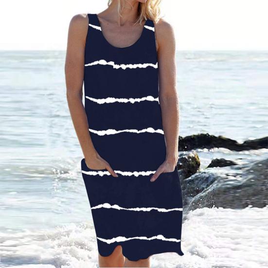 Women's Sleeveless Tank Dress Summer Casual Round Neck Tunic Dress with Pocket Baggy Stripe Beach Sundress Swimsuit Bikini Cover-Up