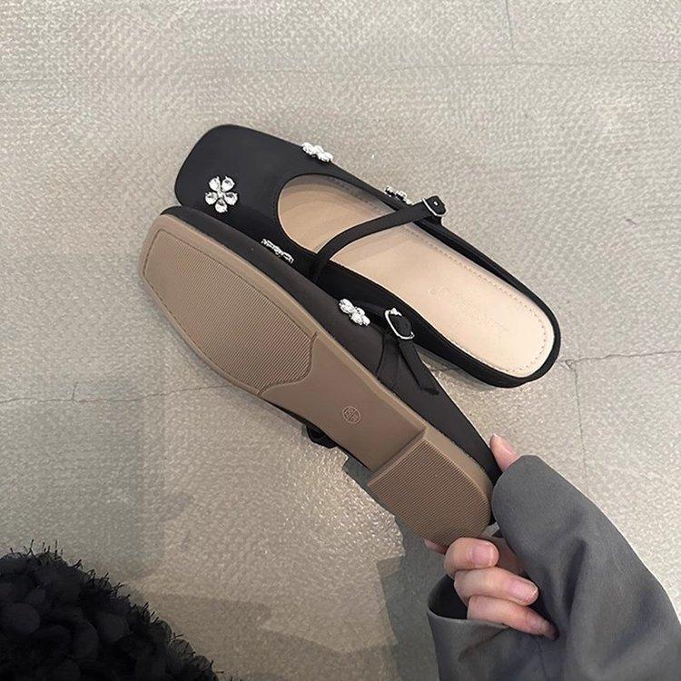 Rhinestone Flower Bag Head Half Slippers Women's Summer Wear 2025 New French Beautiful Half Drag Mary Jane Flat Shoes