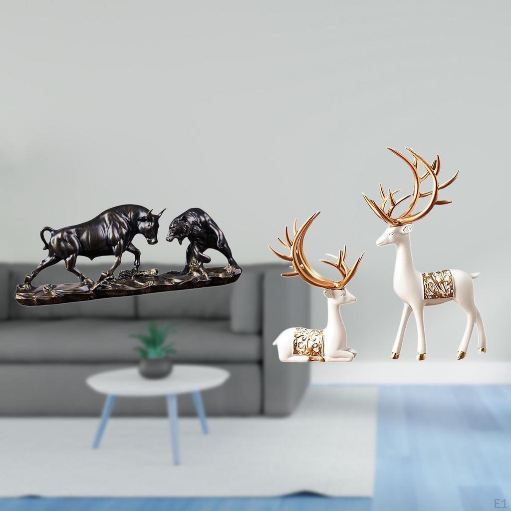 Modern Chinese Cow And European Reindeer Animal Sculpture Feng Shui Deer Collectable Birthday Gift