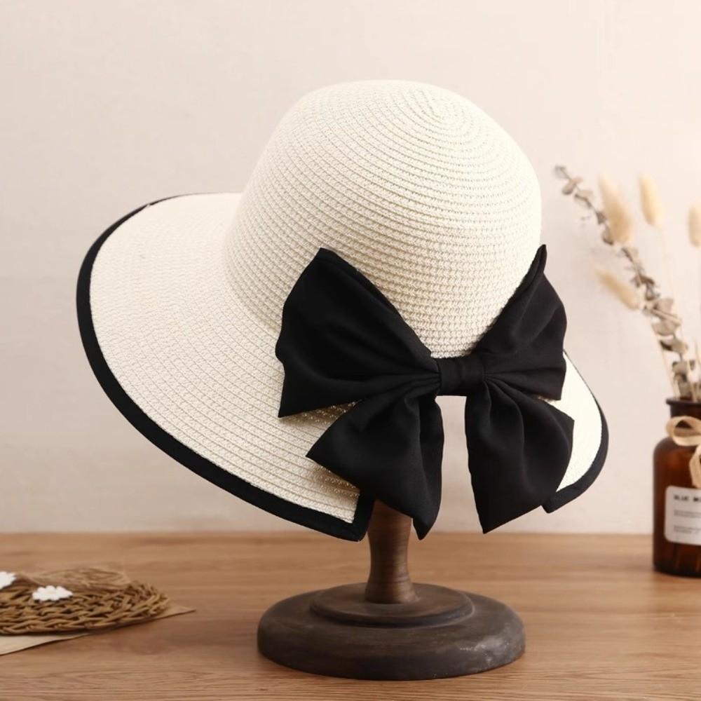 Large Bow Sunscreen Bucket Hat Fisherman Hat Bowknot Sun Cap Sweet Straw Weave Sun Hat  Beach