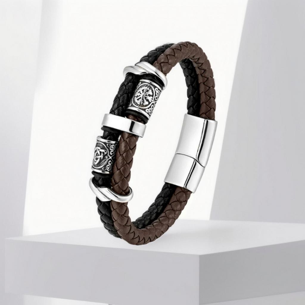 Men's Braided Leather Bracelet with Stainless Steel Clasp and Decorative Beads Adjustable Wristband for Daily Wear and Casual Style