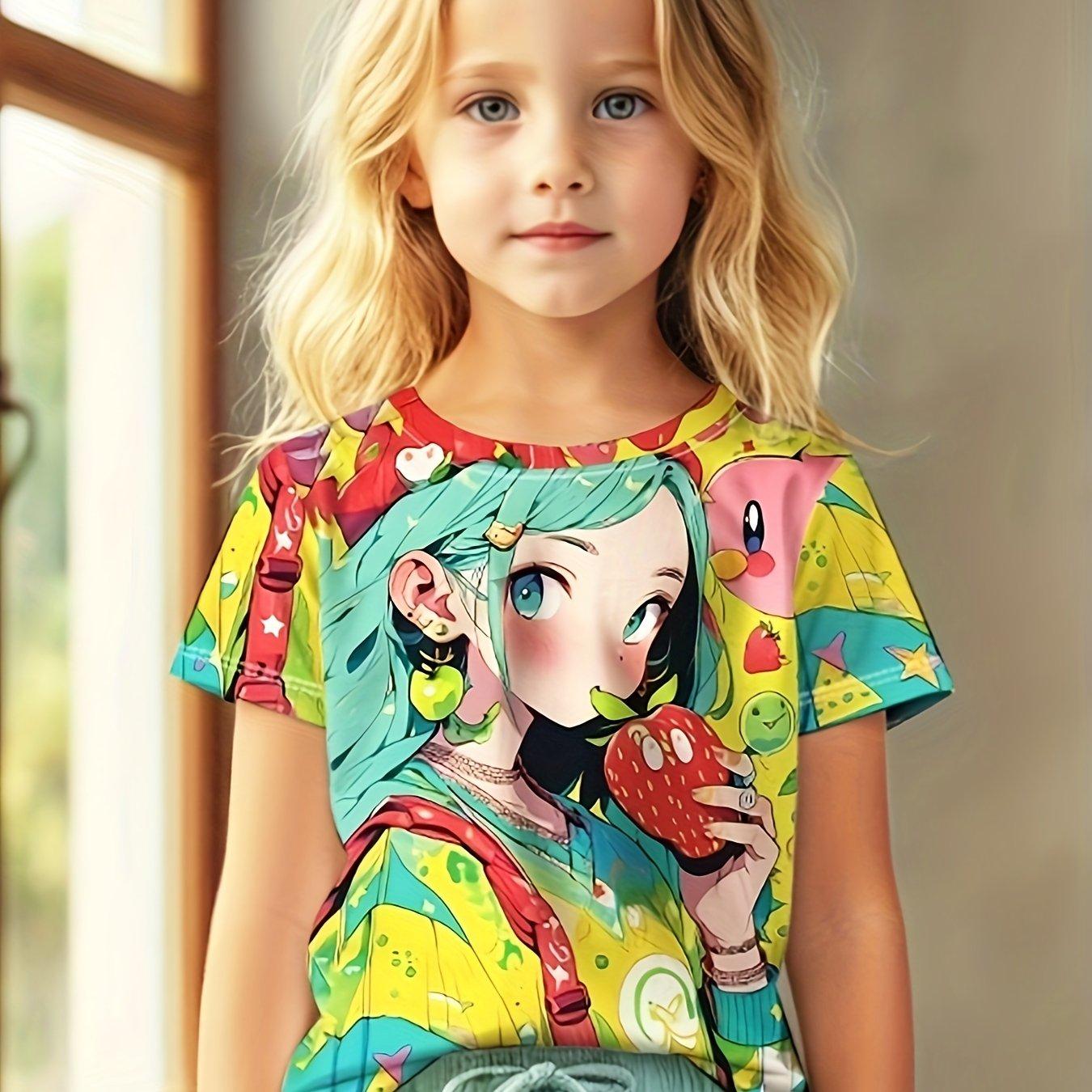 

Одяг для дівчаток футболки для дівчаток топи з короткими рукавами дитячий літній одяг мультфільм аніме принт футболки з круглим вирізом дитячий одяг 160