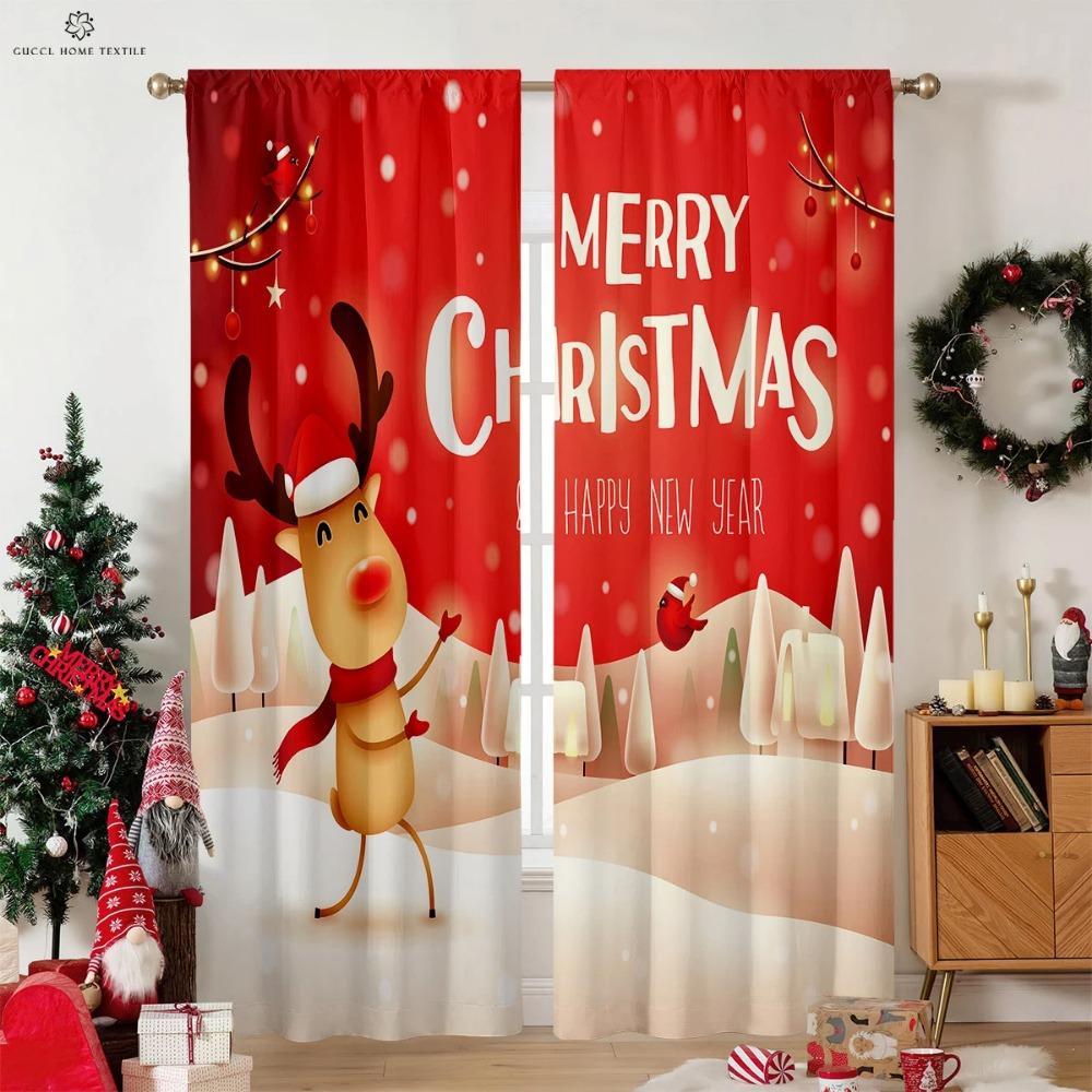 Christmas Curtains Cartoon Festive Atmosphere Printed Curtains Bedroom Living Room Restaurant Holiday Decoration Curtains Gift