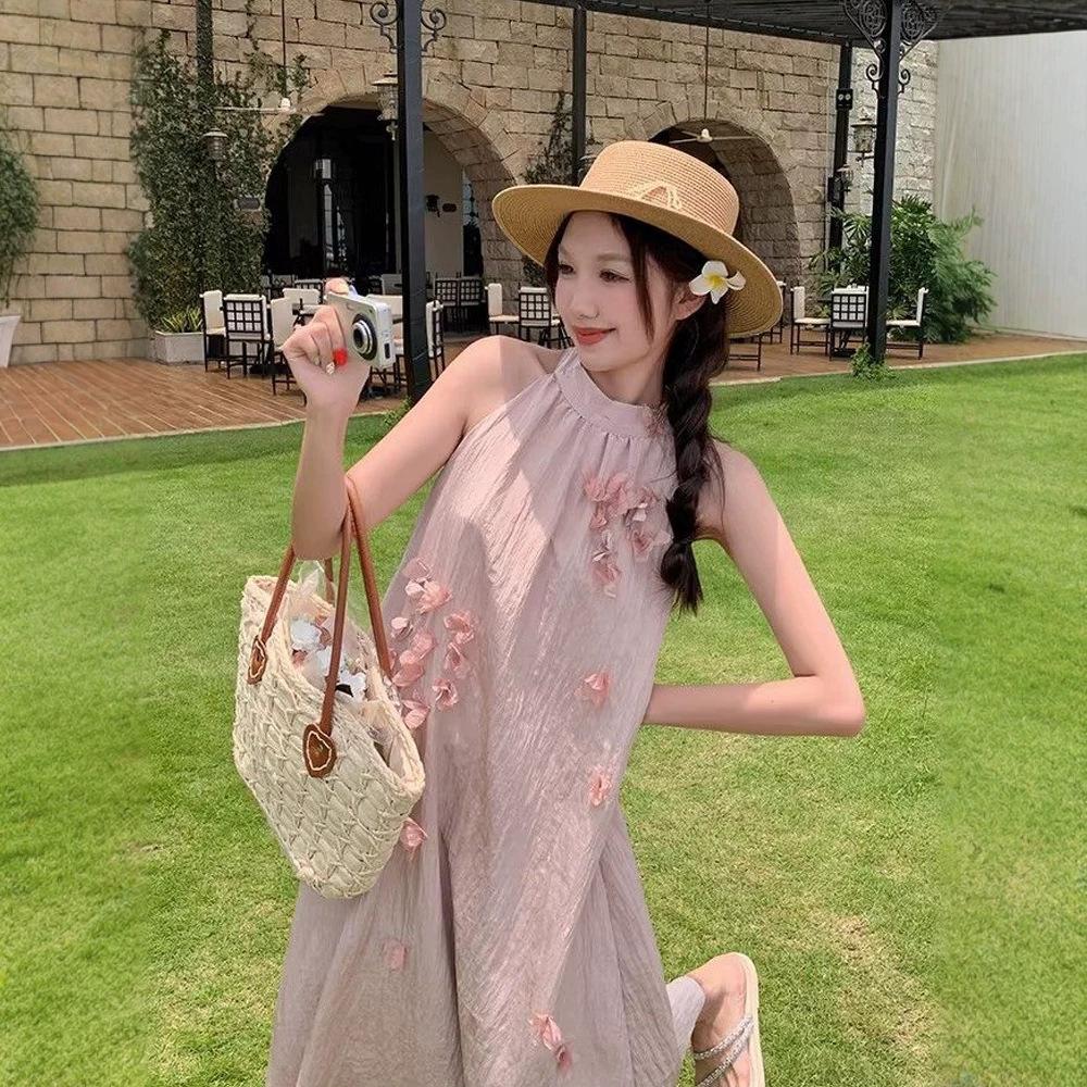 French gentle flower neck dress children's summer temperament off-the-shoulder vest skirt loose and thin A-shaped long dress