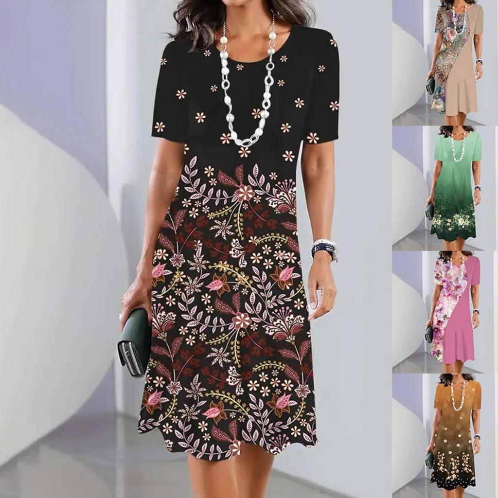 Rundhals Print Blumenkleid Taillenbetontes Elegantes Kleid für Damen Kurzarm Lockere Kleider Causal Kleid