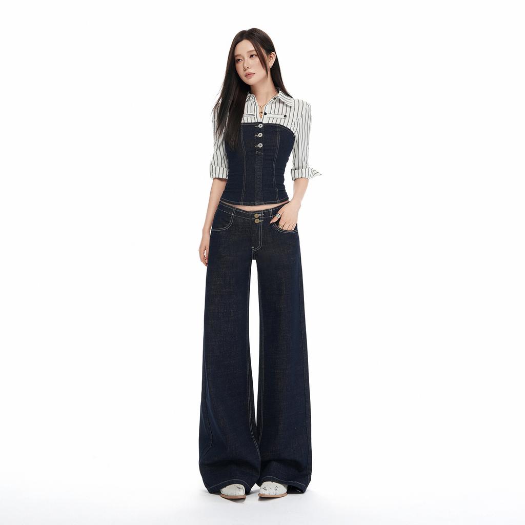 No waist mid-low waist slightly pulled jeans women's autumn new Spice Girl loose and thin wide-leg flared pants