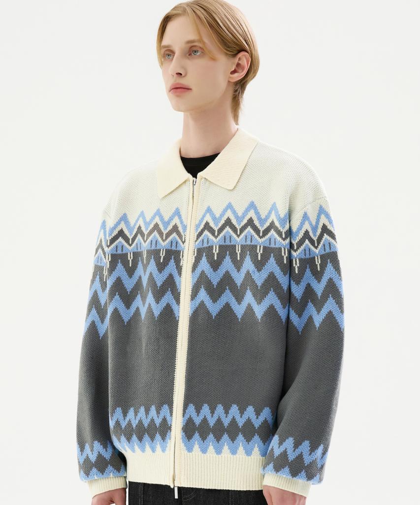 TRILLION Washable Nordic Jacquard Collar Neck 2-Way Zip-Up Knit [Ivory]