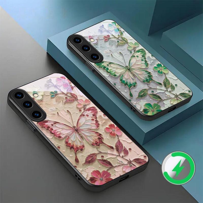 Elegant pink butterfly suitable for Samsung Galaxy S26 Ultra S20 FE S21 S22+ S23 Plus S24 Ultra 25 Edge black Glass Phone Casee