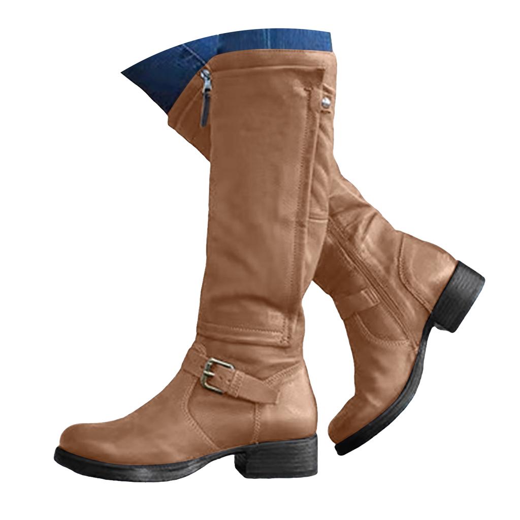 Hoge Hak en Dikke Zool Dames Lange Laarzen Retro Casual Leer Ronde Neus Knie Hoge Laarzen voor Dames Brede Kuit Maat 6