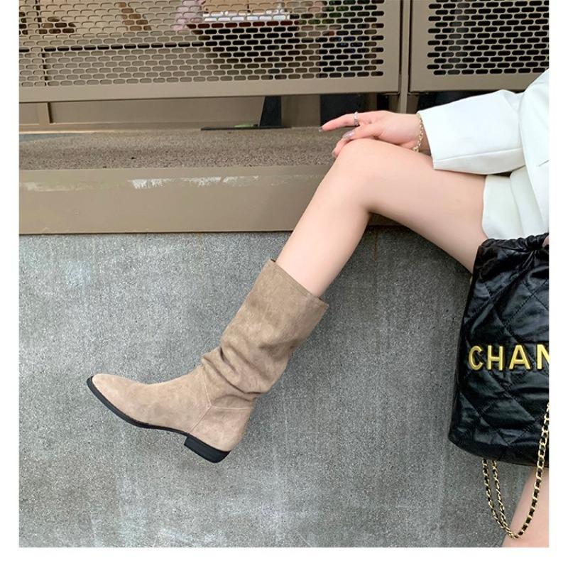 Cowhide version retro pointed head thick heel western cowboy boots women's medium tube thin boots pleated thin knight boots