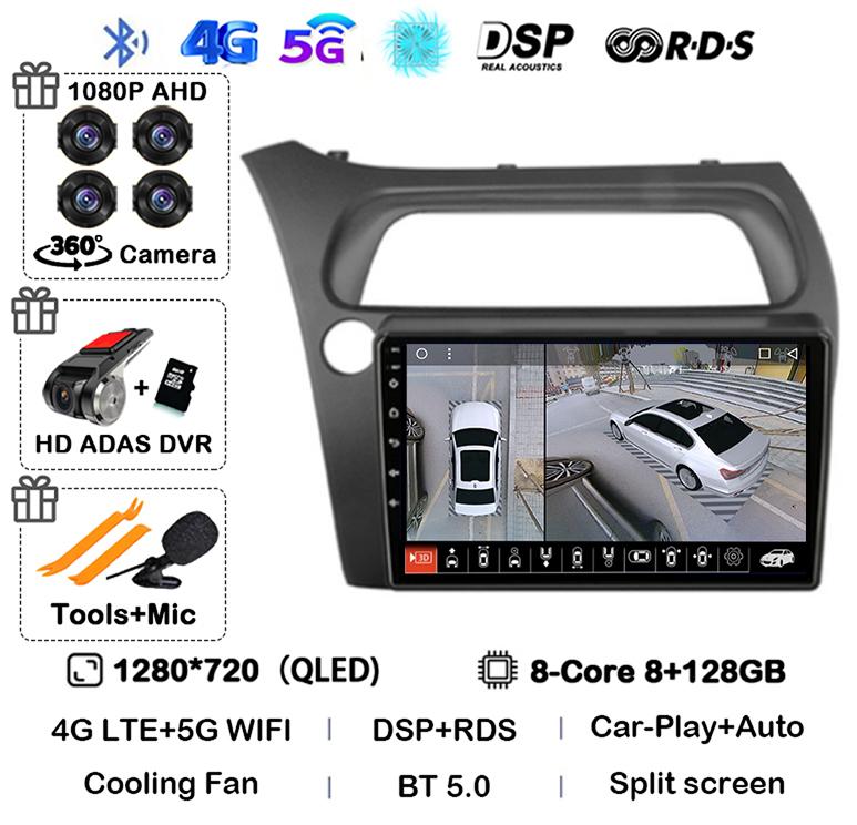 Android 14 WIFI+4G Carplay Car Radio For Honda Civic Hatchback 2006 2007 2008 2009 2010 2011 Multimidia Video Player GPS Stereo