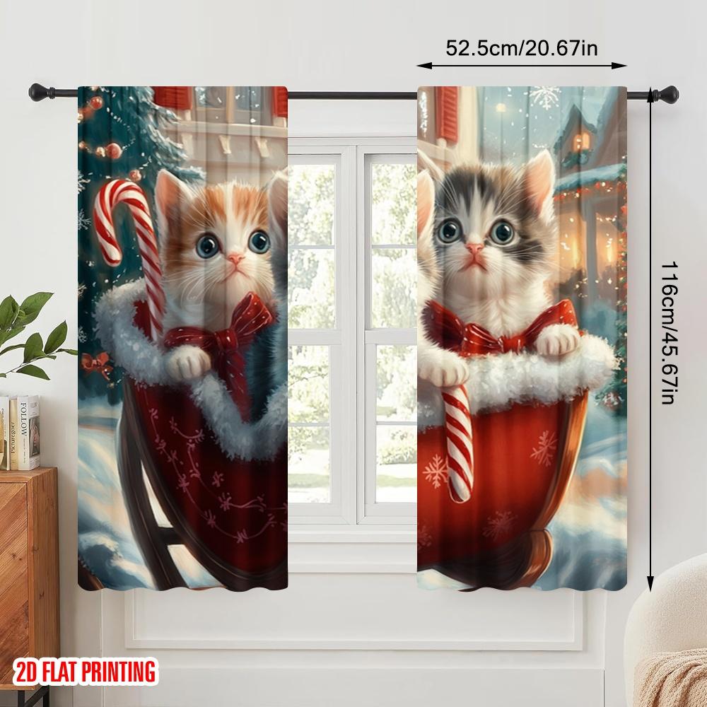2pcs,2D Plane Printing Popular Curtain Panels Cute Kittens Christmas Sleigh Ride (2) Durable Polyester (without Rod) All Seasons