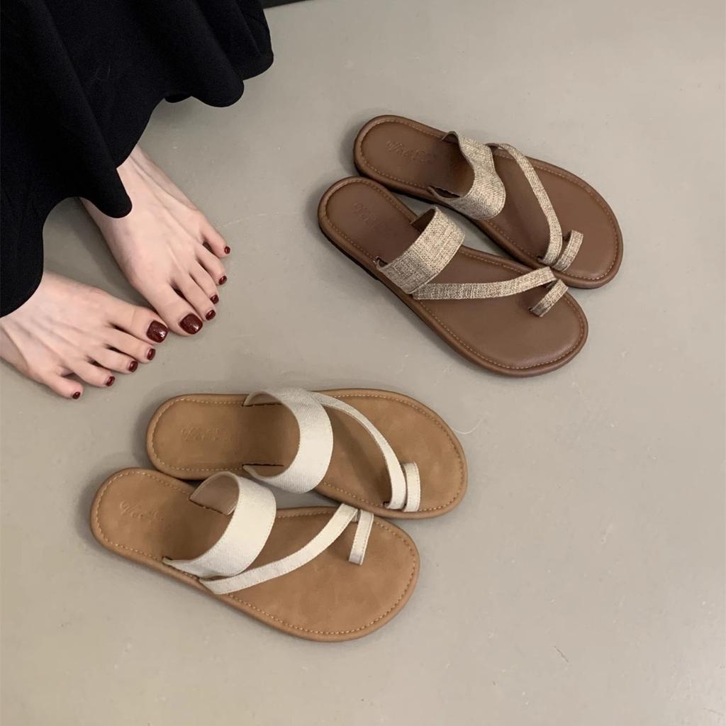 Super soft flat-bottomed linen slippers for women's outer wear summer new jacket toe sandals casual vacation beach seaside sandals