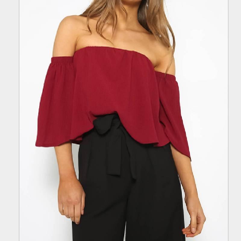 Stylish Summer Off Shoulder Ruffle Hem Loose Fit Top Women Urban Fashion Tee
