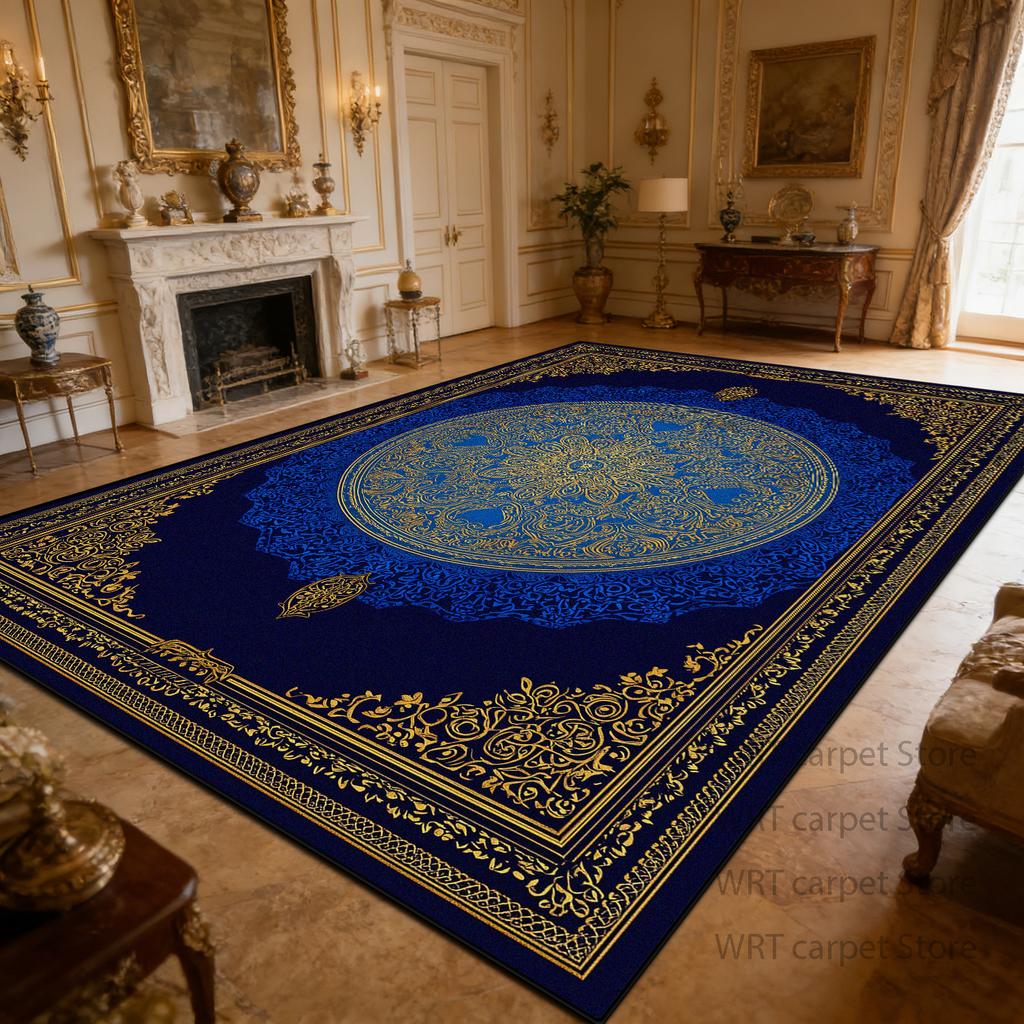 Luxury Retro Blue Golden Carpet Living Room Short Velvet European Style Washable Soft Large Area Rugs Dining Room Bedroom Mats