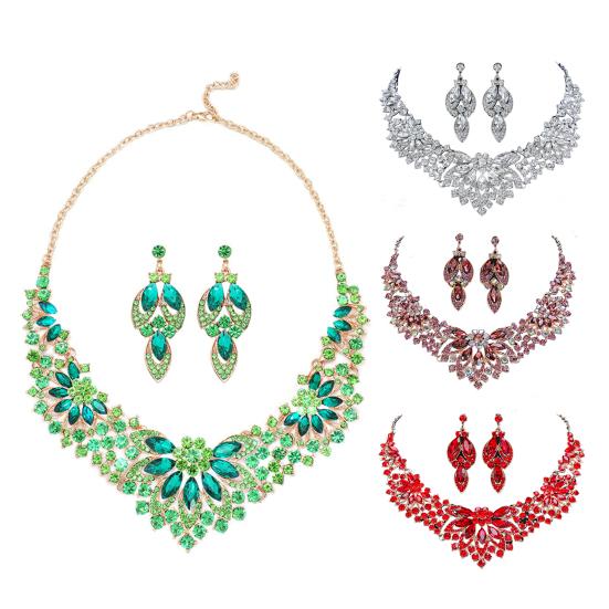 Yousheng 1 Set Earrings Necklace Set Elegant Green Faux Crystal Jewelry Set for Women Wedding Party Accessories Dazzling Stud Earrings Necklace Gift