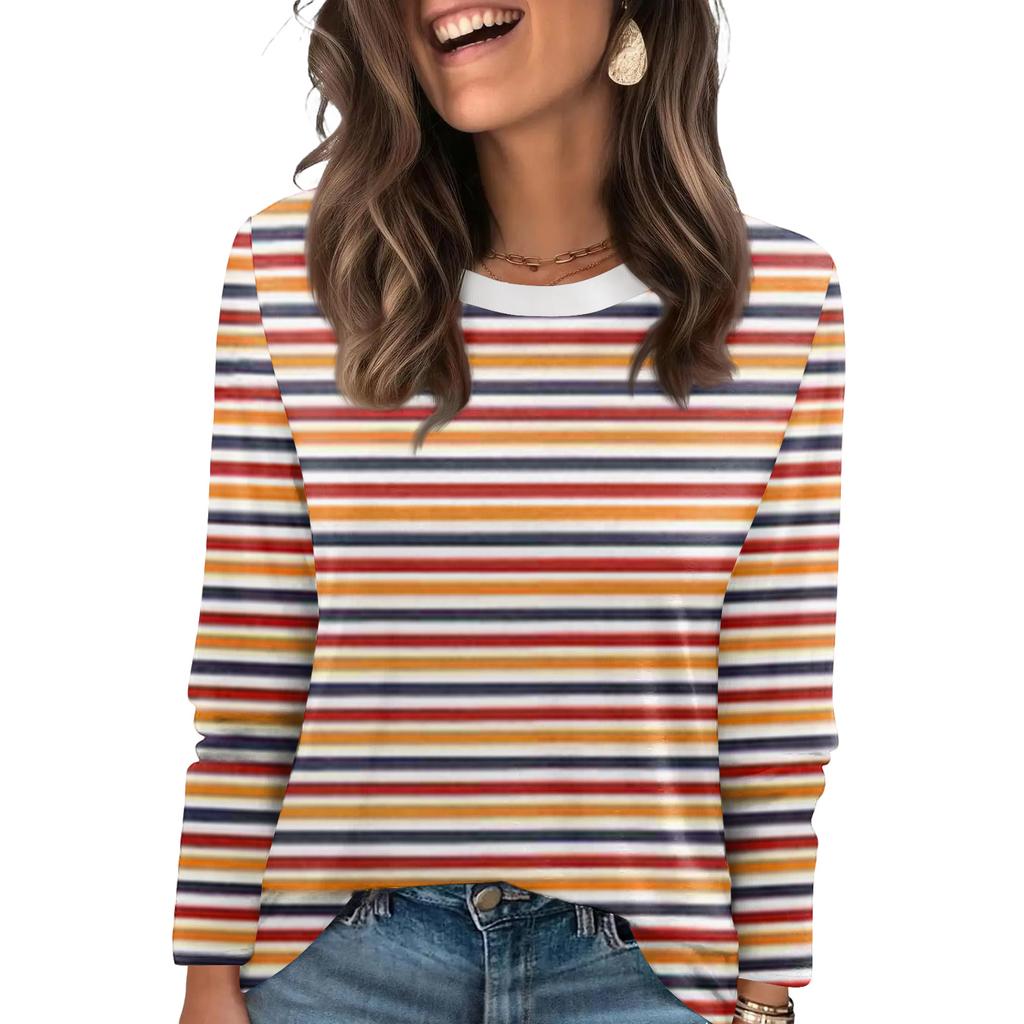 Damtopp med randigt tryck, moderiktig, avslappnad, rund halsringning, långa ärmar