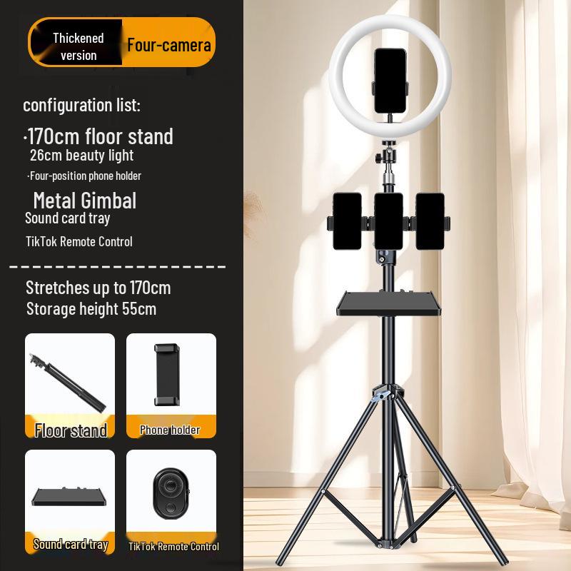 Dual-Position Carbon Steel Phone Stand with Fill Light for Outdoor Streaming