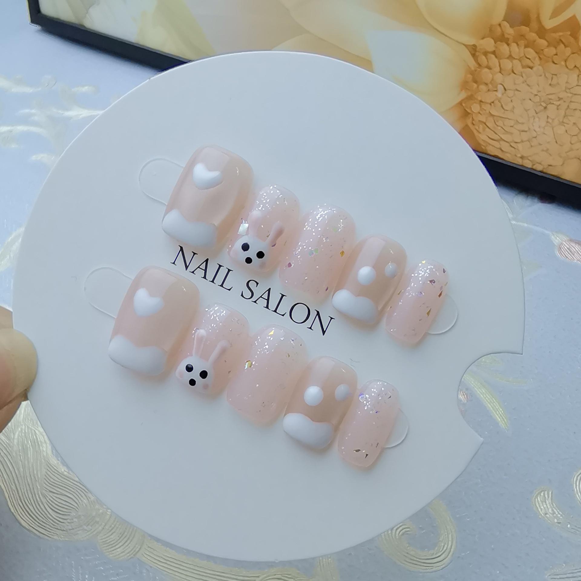 Hand-Painted White Rabbit Cat Eye Nail Art | Short, Cute, Pink for Skin Whitening XS
