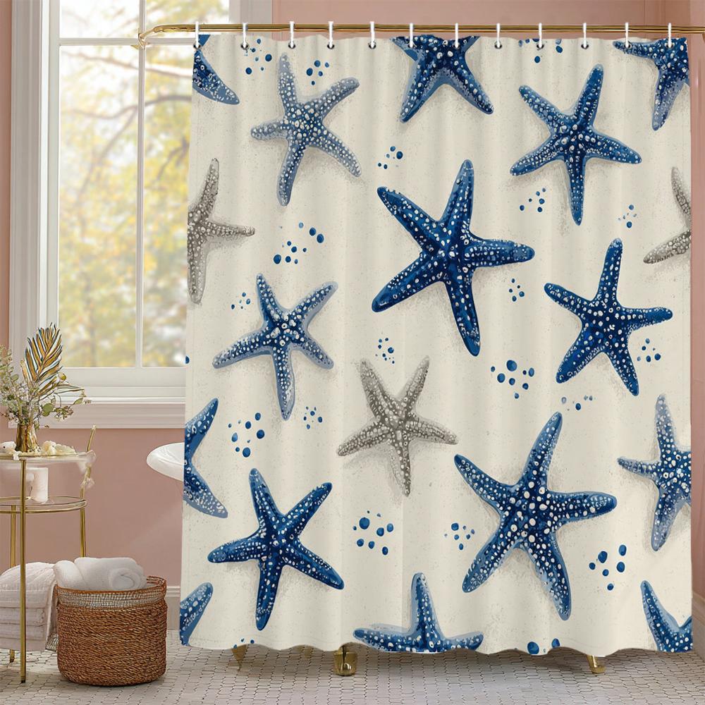 1PC Watercolor starfish pattern printed shower curtain, waterproof, with hooks, bathroom showers, bathtub, fashionable home user