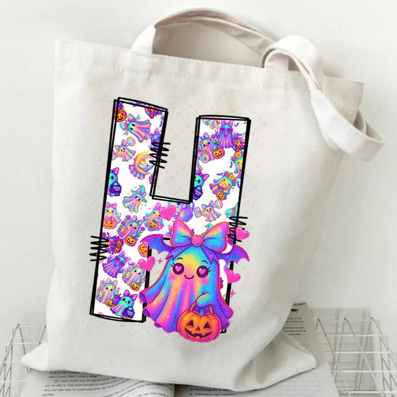 Halloween Alphabet Canvas Bag Going Out Portable Handbag Women's Large Capacity Casual Shoulder Crossbody Bag