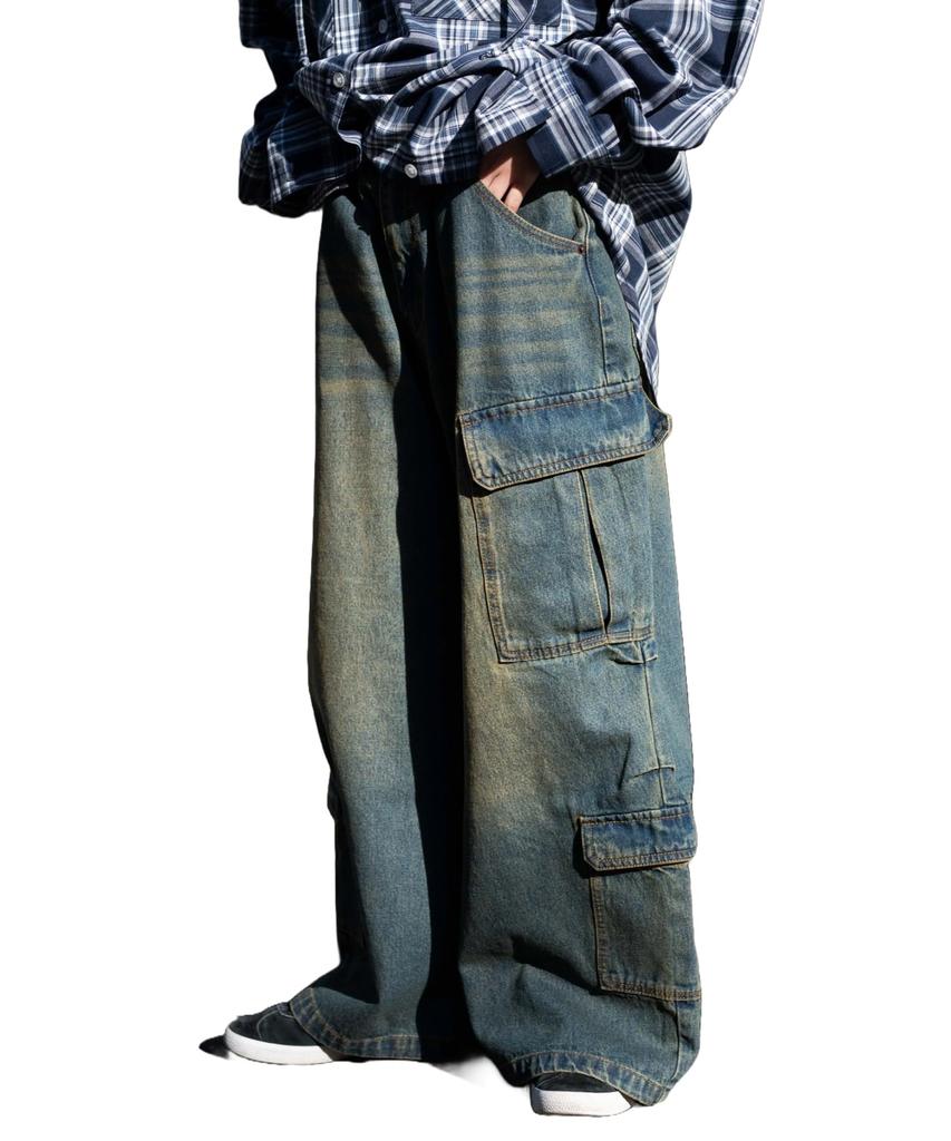 WEGO Vintage Wash Baggy Cargo Korean Dance Size Denim Pants, Wide-Leg Pants, Trousers, Bottoms, Streetwear, Casual, Style, Wear, Spring, Summer,